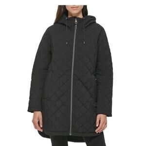DKNY Womens Diamond Quilted Jacket XS Black Hooded Mid-Length NWT